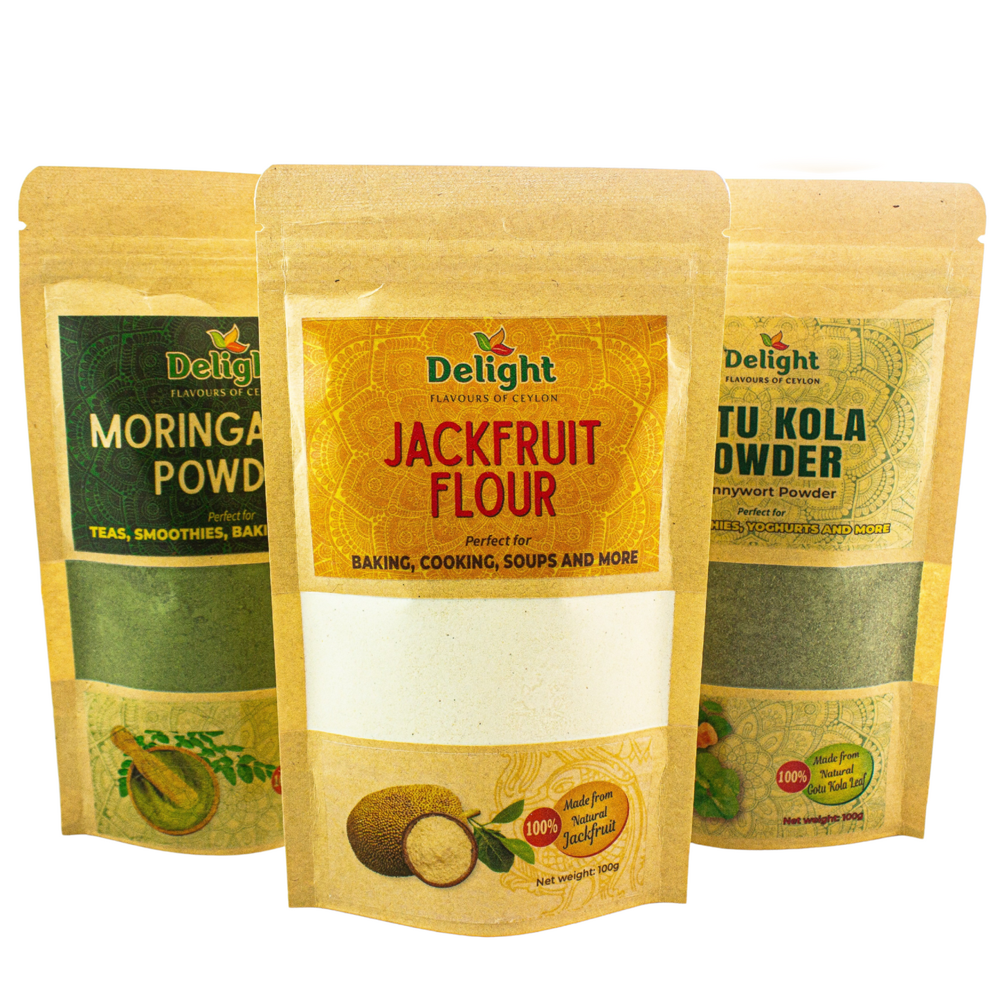 Three packages of Delight superfood ayurvedic products standing together with a white background. Jackfruit flour product in front of Gotu Kola/pennywort/Centella Asiatica powder and moringa leaf powder.
