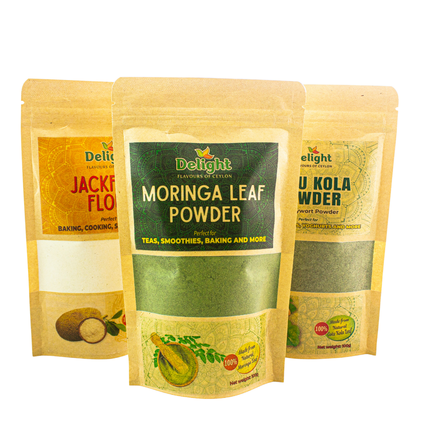 Three packages of Delight superfood ayurvedic products standing together with a white background. Moringa Leaf powder product in front of Gotu Kola/pennywort/centella asiatica and jackfruit flour