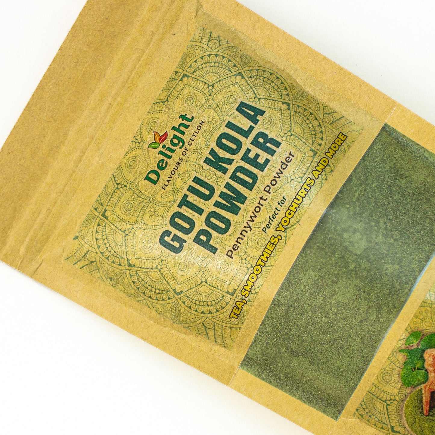 Package of Gotu Kola (Centella Asiatica) Powder with green text on a brown background