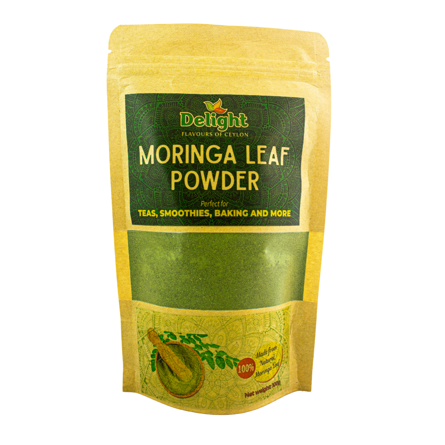Packaging of Organic Moringa Leaf Powder on a white background
