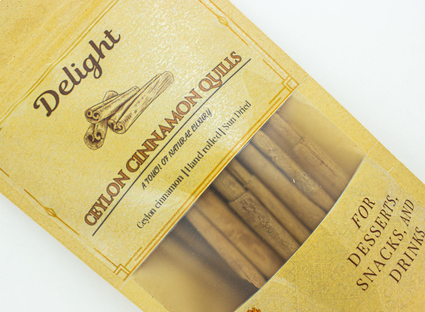 Packaged Ceylon cinnamon sticks with 'Delight' branding on a white background