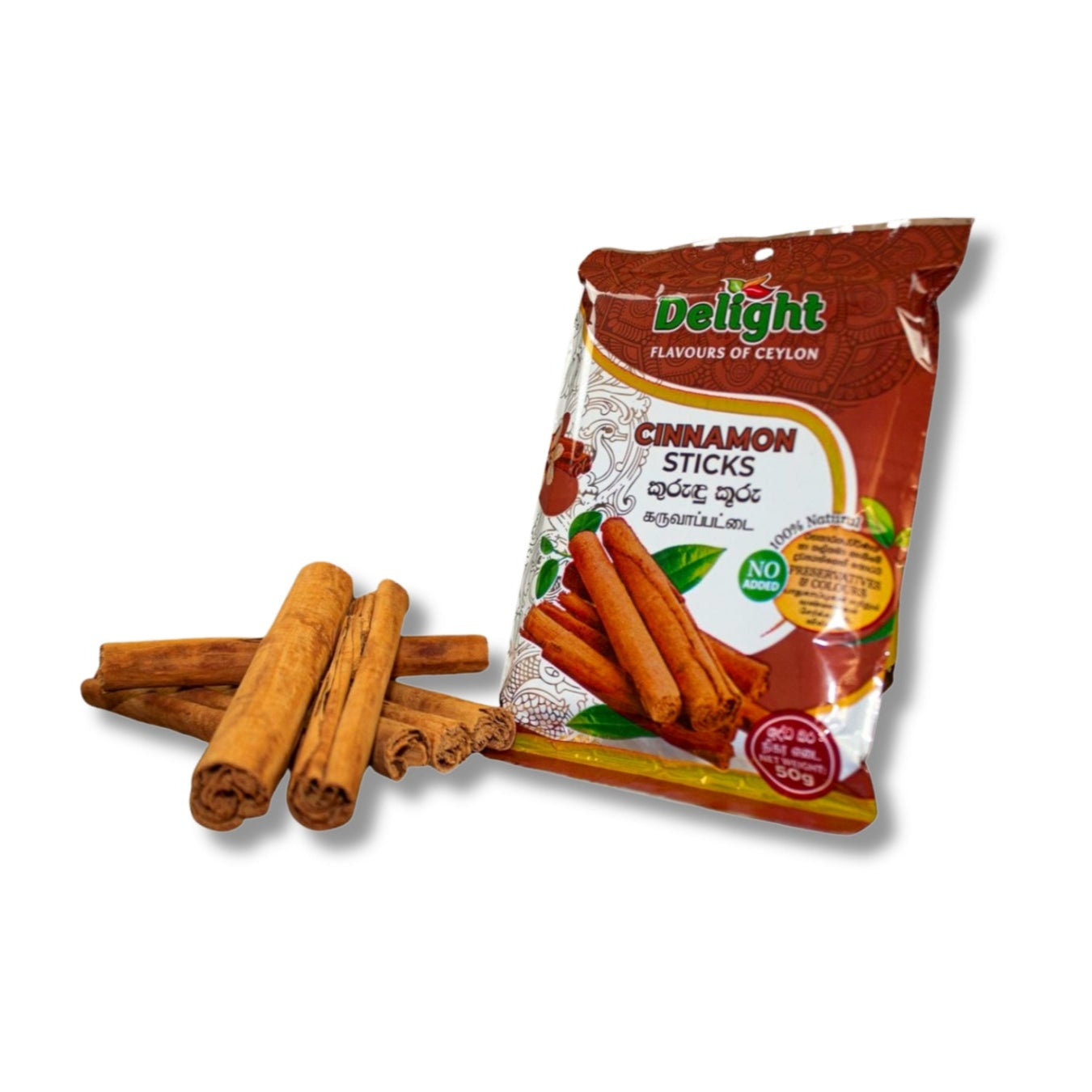 Packaged cinnamon sticks with a visible brand label on a white background
