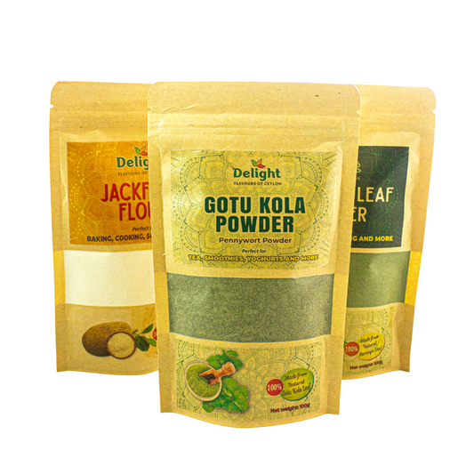 Three packages of Delight superfood ayurvedic products standing together with a white background. Gotu Kola/Centella asiatica/pennywort Leaf powder product in front of Moringa leaf powder and jackfruit flour