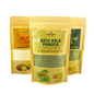 Three packages of Delight superfood ayurvedic products standing together with a white background. Gotu Kola/Centella asiatica/pennywort Leaf powder product in front of Moringa leaf powder and jackfruit flour