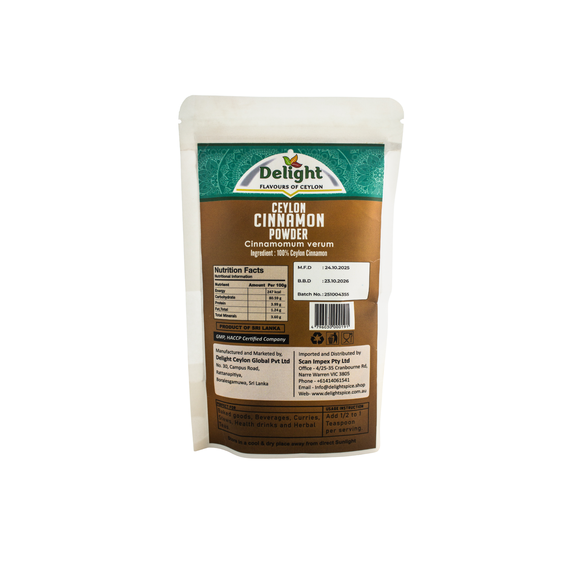 Packaging of Delight Ceylon Cinnamon Powder on a white background. Back of the packaging.