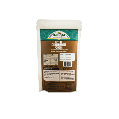Packaging of Delight Ceylon Cinnamon Powder on a white background. Back of the packaging.