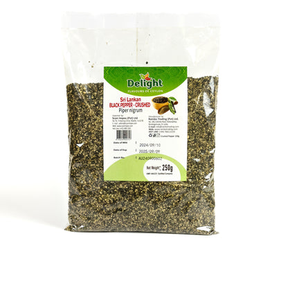 Bag of crushed black pepper with Delight brand label on a white background