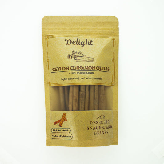 Packaged Ceylon cinnamon quills with 'Delight' branding on a white background