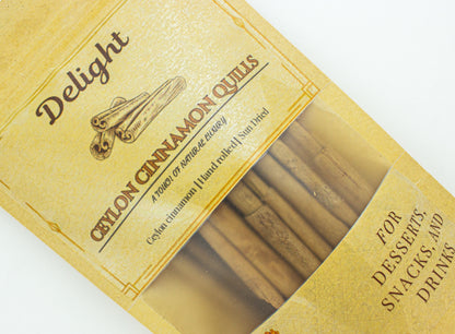 Packaged Ceylon cinnamon sticks with 'Delight' branding on a white background