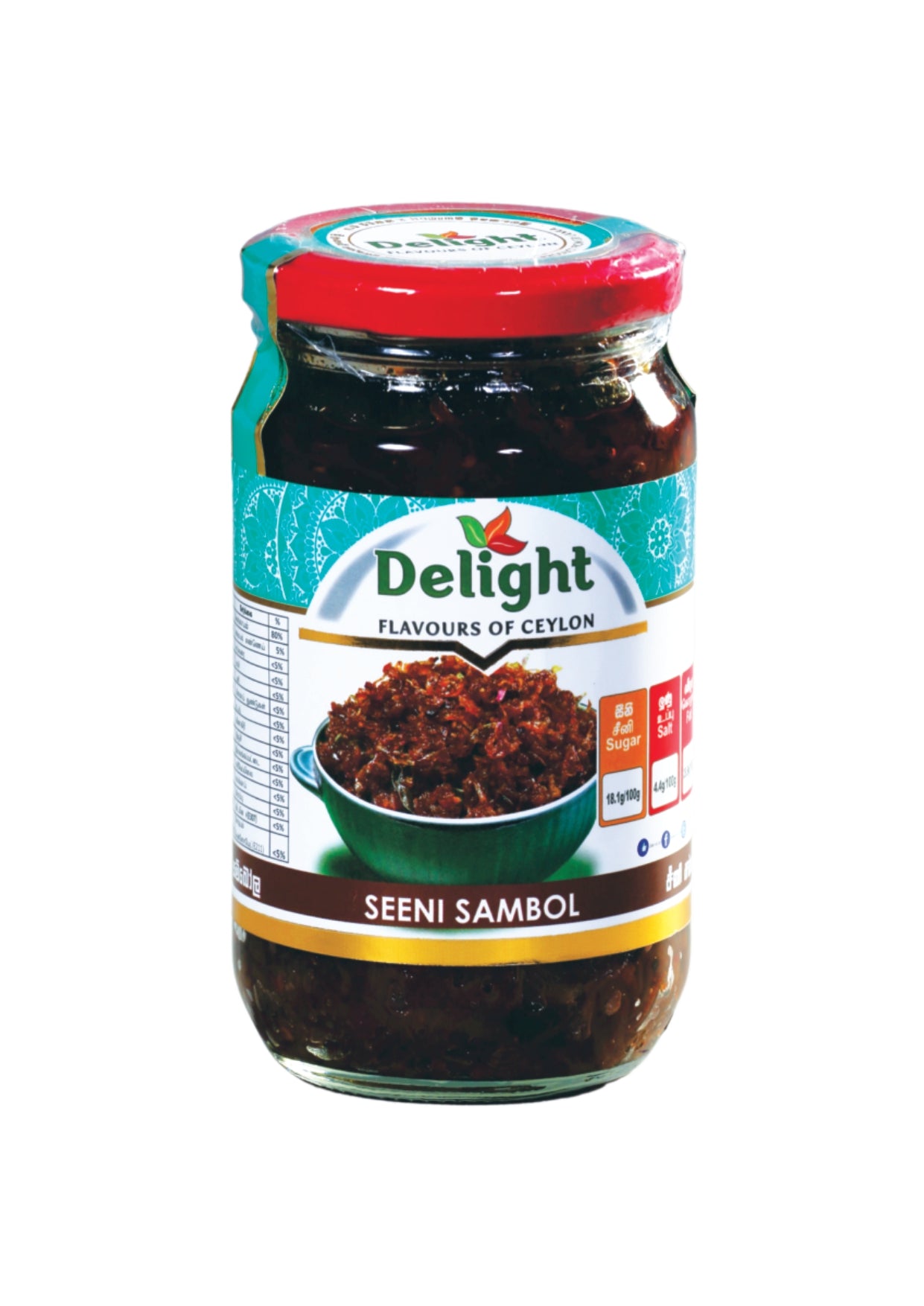 Jar of Delight Seeni Sambol on a white background