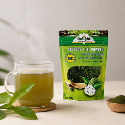 Soursop leaf powder package with a cup of green tea and soursop leaves on a light background